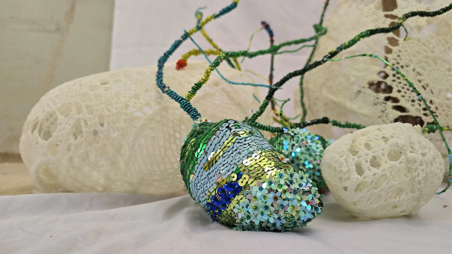 Close view of lace and embroidery